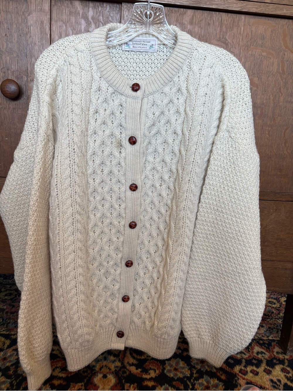 Highland Home Wool Cable-Knit Leather Button Sweater - Cream. Scotland Made.